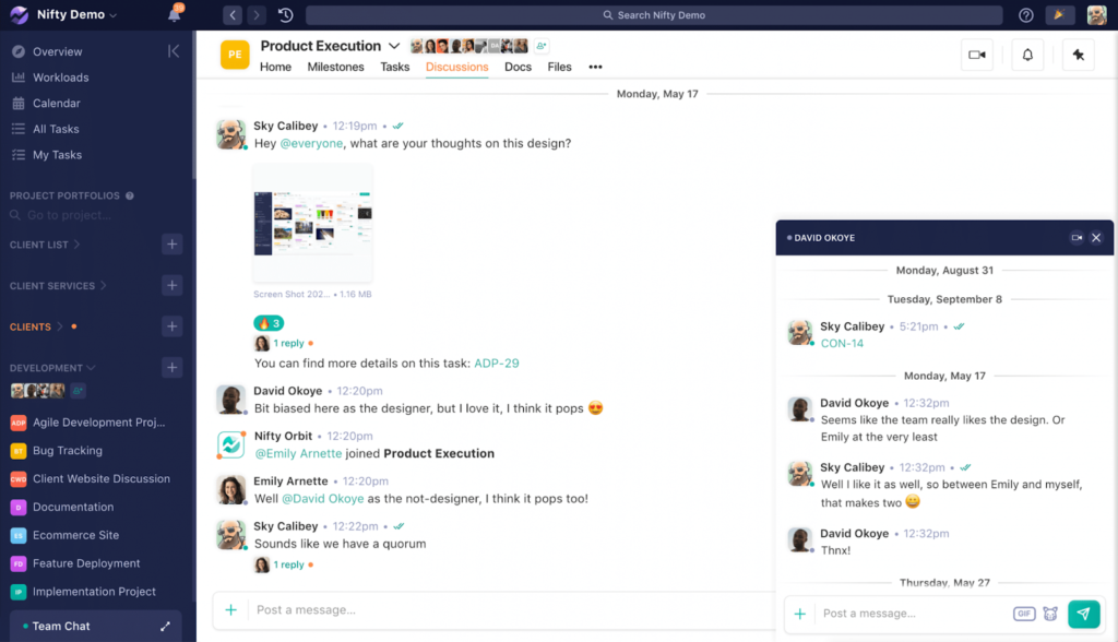 Team discussion thread in Nifty under a product execution project.
