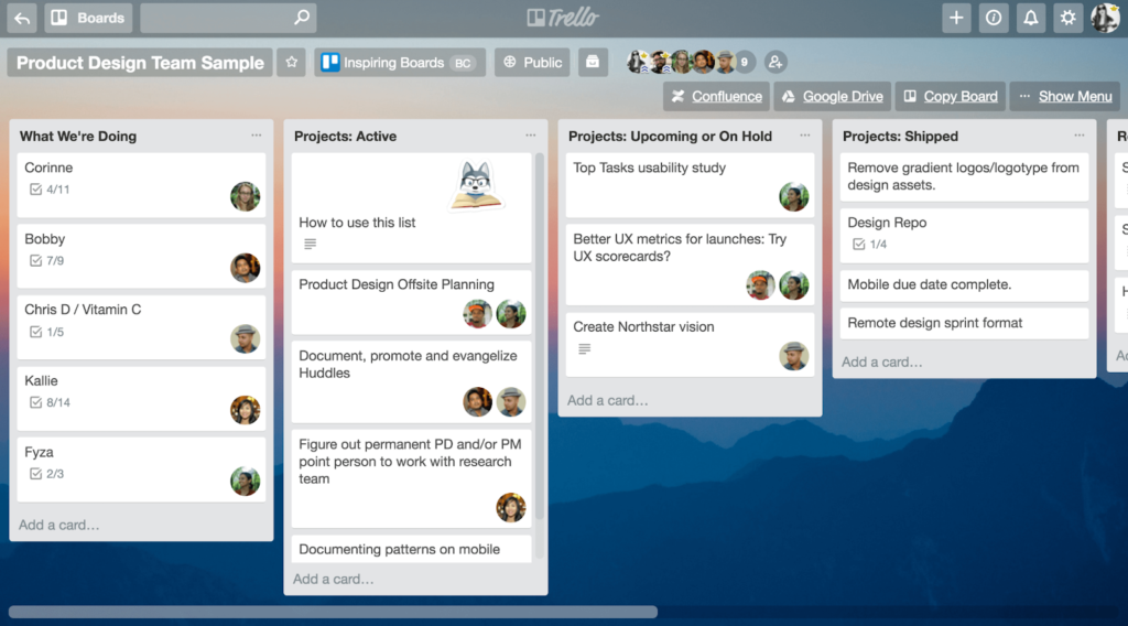 Trello board for product design projects with active, on hold, and shipped tasks.