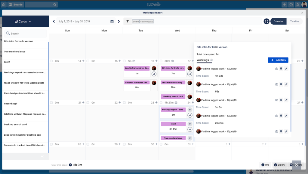 Trello calendar view displaying logged work hours and time tracking entries.