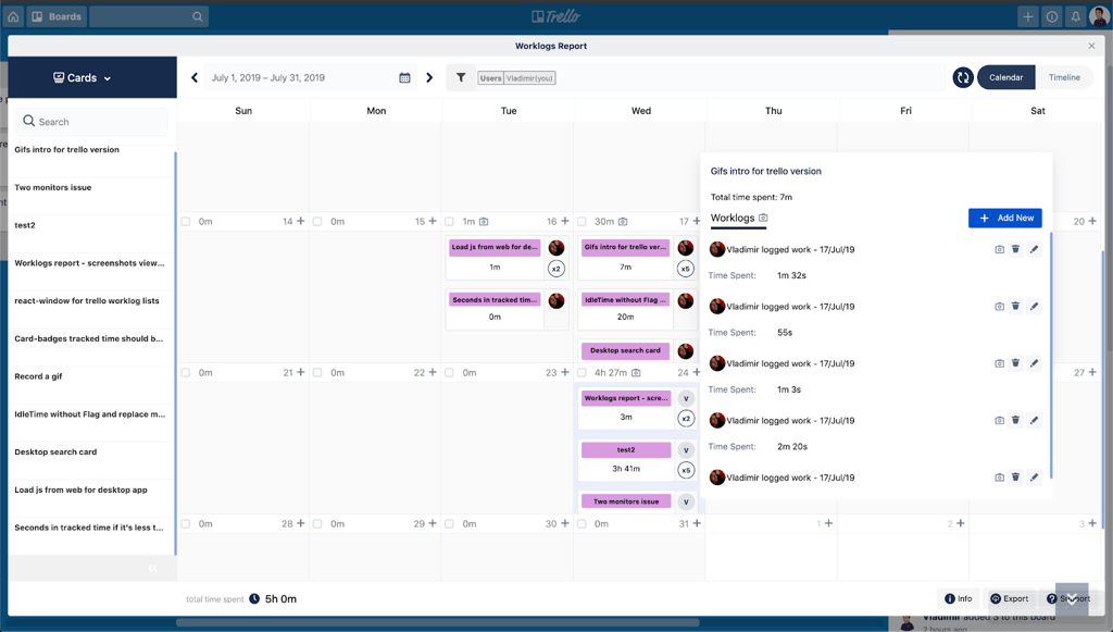 Trello calendar view displaying logged work hours and time tracking entries.