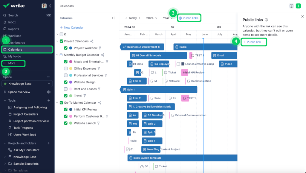 Wrike calendar view showing project timelines and option to generate public links.