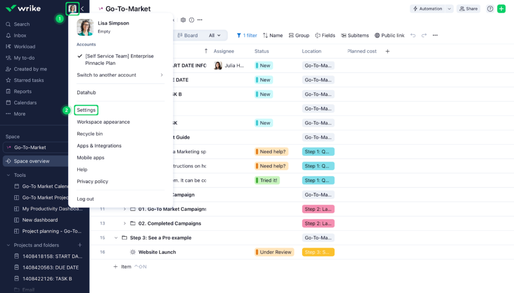 Wrike interface showing user settings menu and project task statuses.