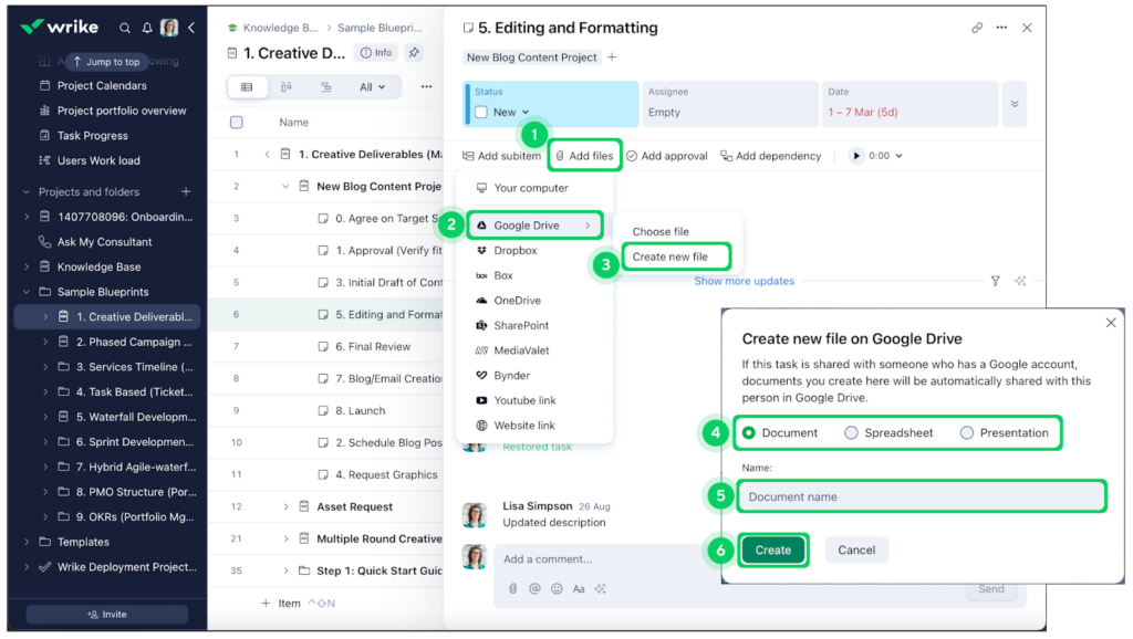 Wrike task panel with Google Drive file creation and document options.
