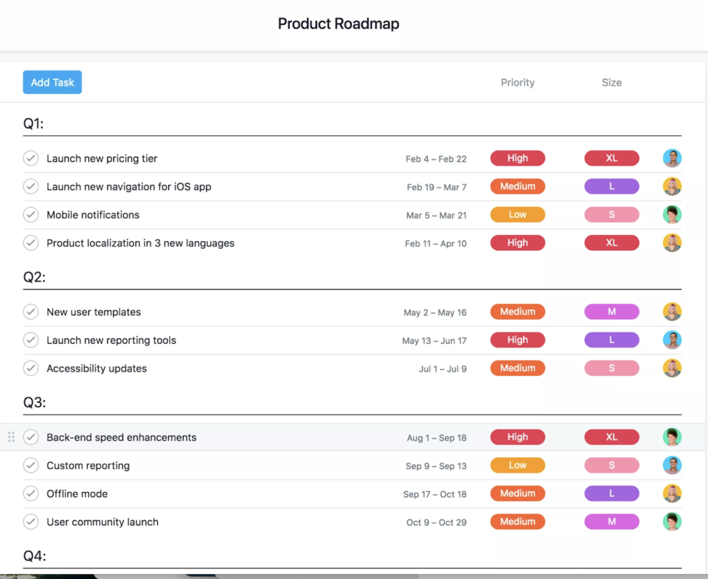 Asana product roadmap displayed in a task list format, showing project names, timelines, priorities, and task sizes.