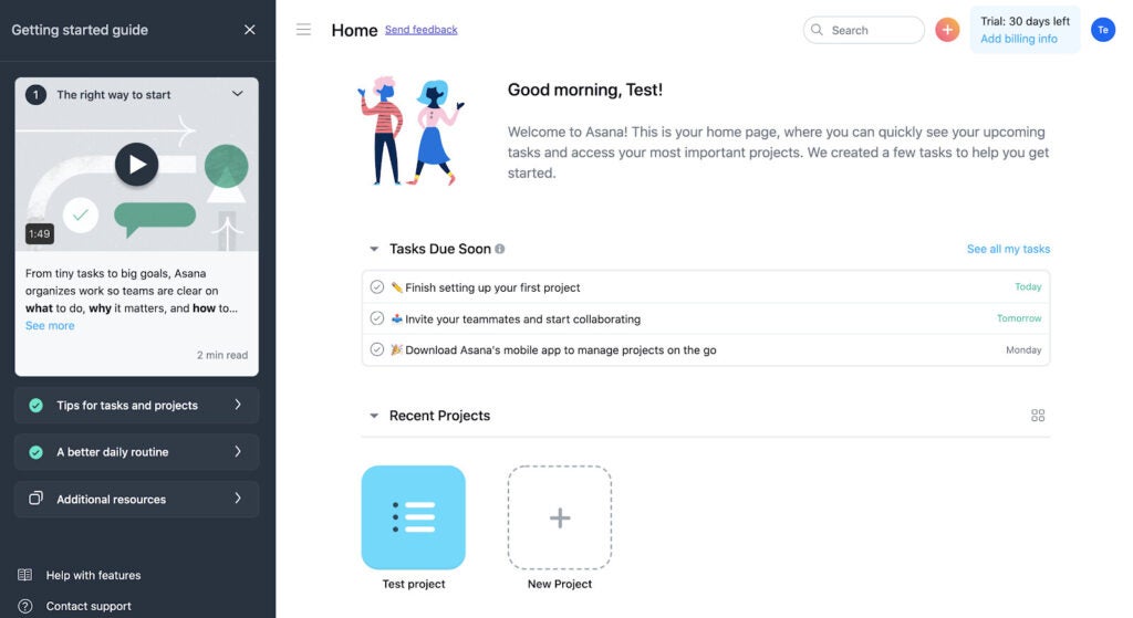 A screenshot of the page users see when using Asana's Getting Started guide, showing tips, additional resources, and sample project.