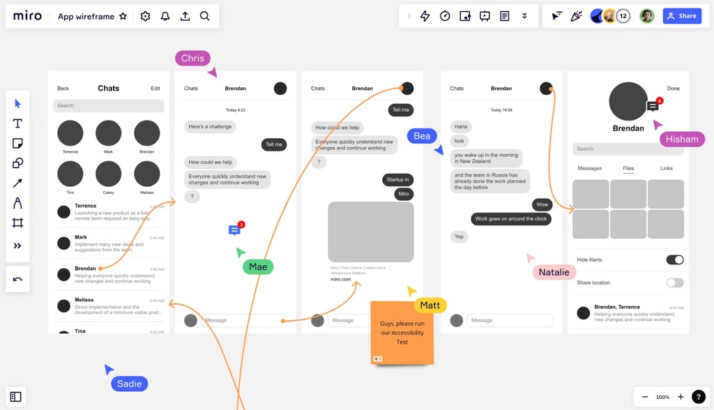 Miro board with app wireframes connected by arrows, sticky notes, and team comments, illustrating collaborative UI and UX design planning.