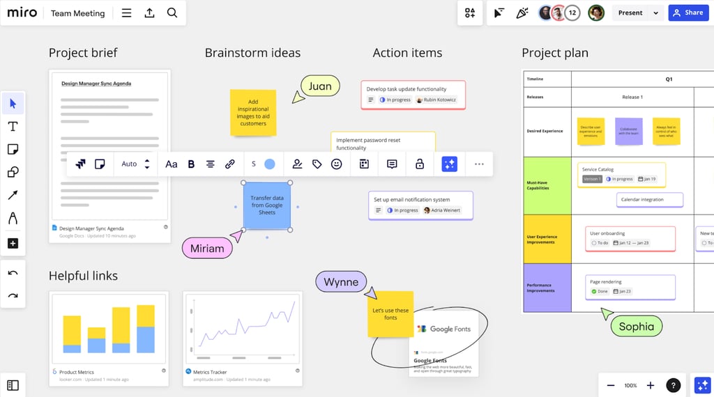 Miro board displaying a project brief, brainstorming area, action items, and a project plan with integrated charts and links, showcasing collaborative planning and organization.