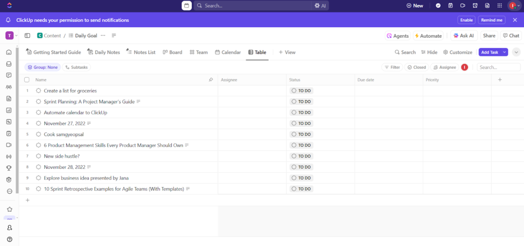 ClickUp table view of a Daily Goal list showing task names with “To Do” status, no due dates, and unassigned owners.