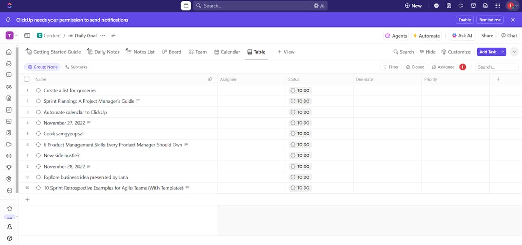 ClickUp table view of a Daily Goal list showing task names with “To Do” status, no due dates, and unassigned owners.