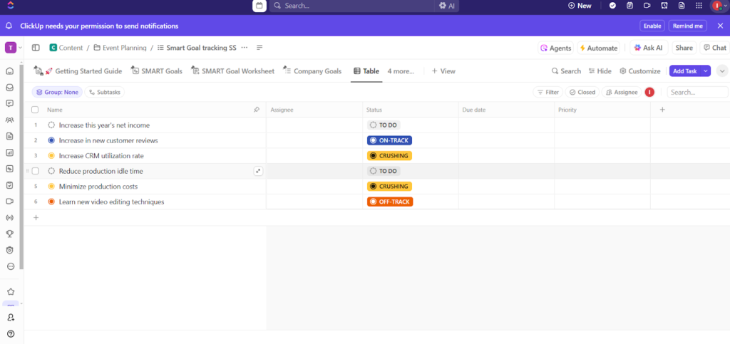 ClickUp list view displaying SMART goal fields with due dates and progress indicators.