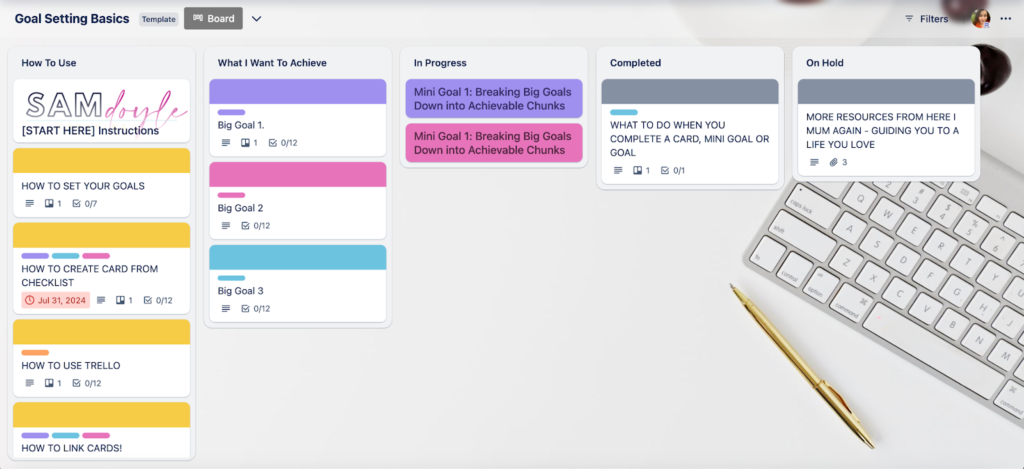 Trello board for goal setting with lists such as How to Use, What I Want to Achieve, In Progress, Completed, and On Hold, containing cards and checklists.