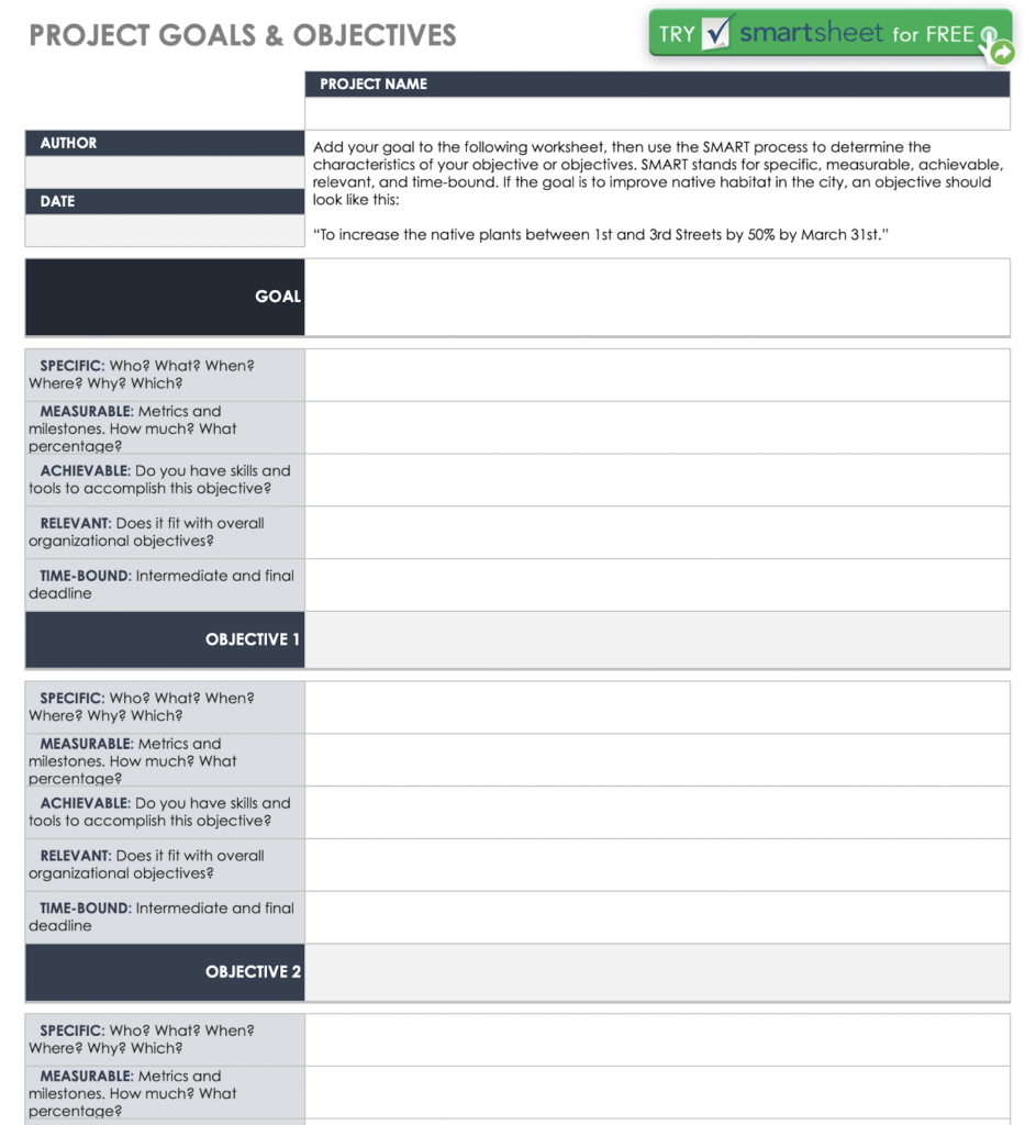 Excel spreadsheet titled "Project Goals & Objectives" with SMART goal-setting fields for Specific, Measurable, Achievable, Relevant, and Timebound objectives.