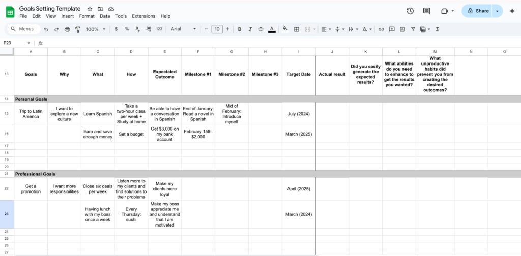Google Sheets template with columns for goal description, milestones, and target dates.