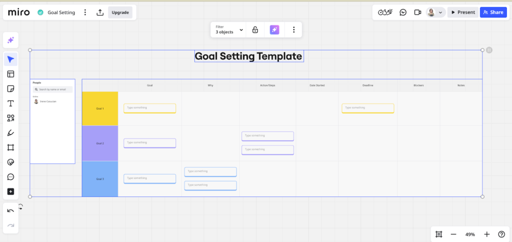 Miro digital whiteboard displaying a goal setting template with columns for goal, action steps, dates, blockers, and notes across three color-coded rows.