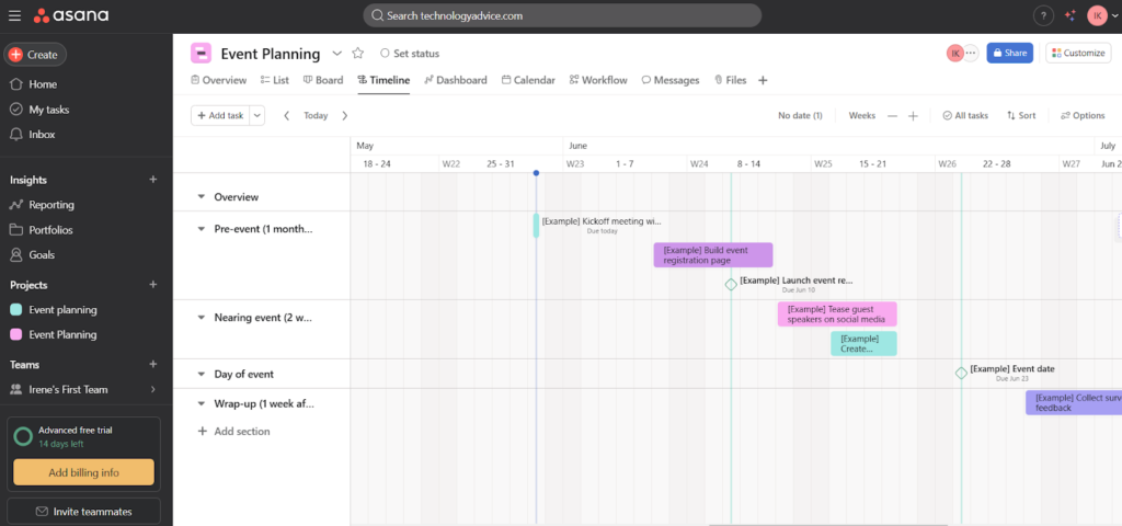 Asana event planning timeline showing scheduled tasks from pre-event prep to post-event wrap-up across weekly intervals.