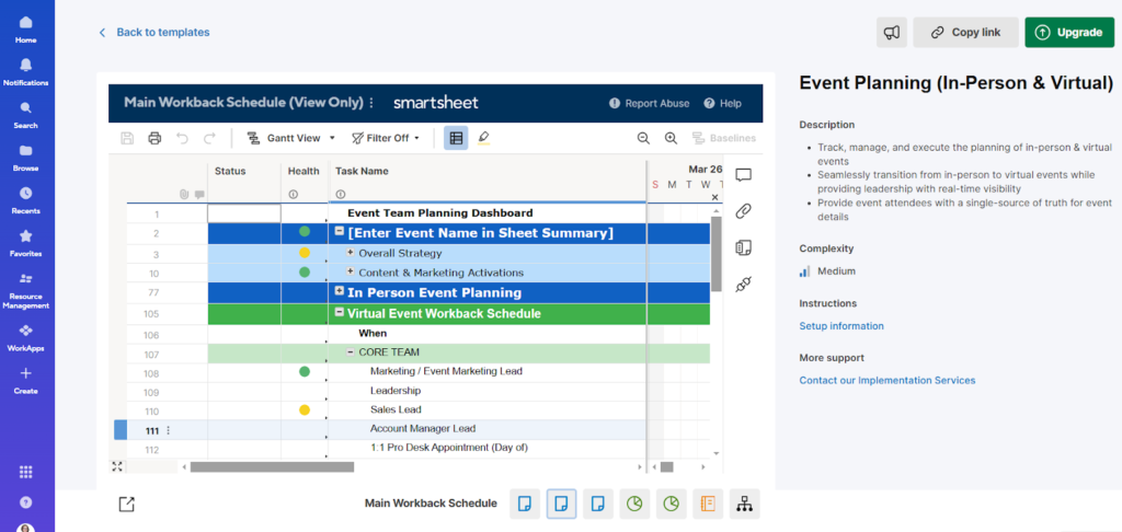Smartsheet event planning template showing a Gantt-style workback schedule for in-person and virtual event tasks.