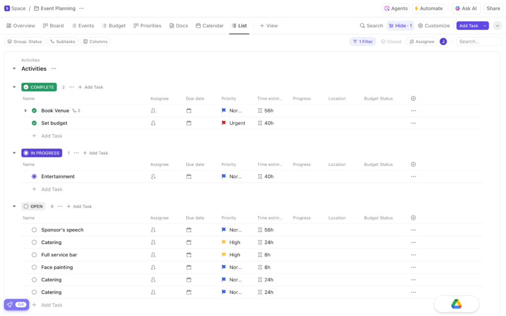 ClickUp workspace displaying tasks, checklists, and event planning folders in list view.