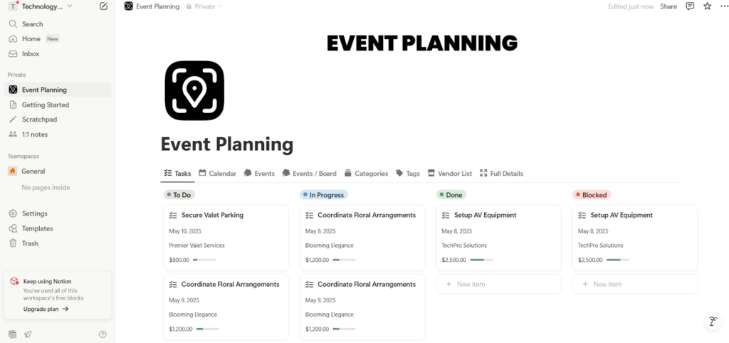 Notion event planning board view with tasks organized into To Do, In Progress, Done, and Blocked columns, including vendors and budgets.