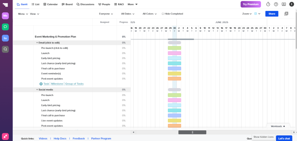 TeamGantt chart showing an event marketing and promotion plan with email and social media tasks scheduled along a June timeline.