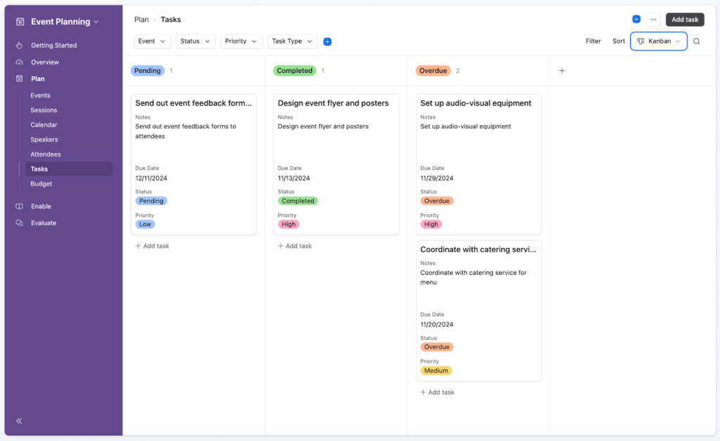 Airtable Kanban view showing event tasks, status, priority, and due date.