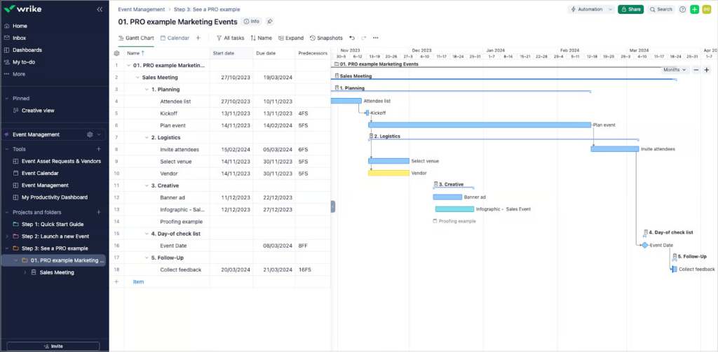 Wrike Gantt chart for a marketing event plan showing tasks like planning, logistics, and follow-up mapped across months.