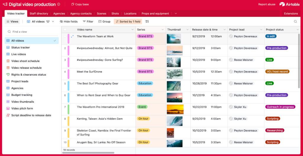 Airtable interface for digital video production tracking, listing videos with thumbnails, project leads, release dates, and production status such as “Live” and “Pre-production.”