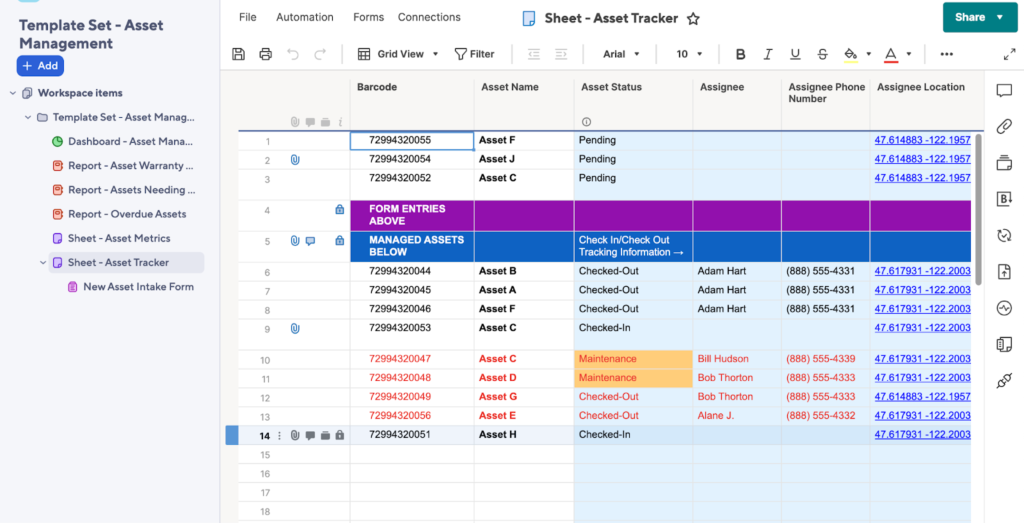 Smartsheet asset management tracker showing barcode, status, and assignee details.