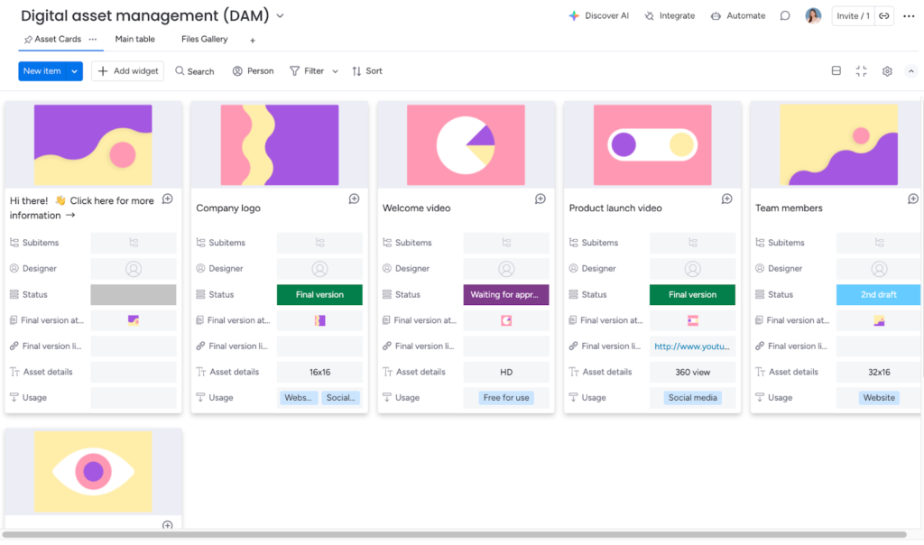 monday.com digital asset cards with status labels and usage tags.