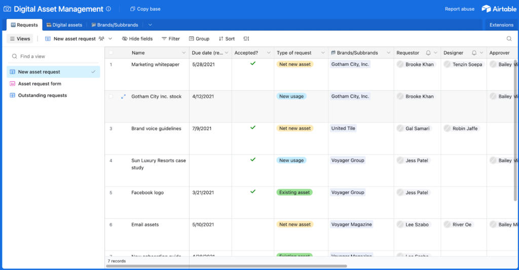 Airtable digital asset request form with filters for brand, designer, and approval.