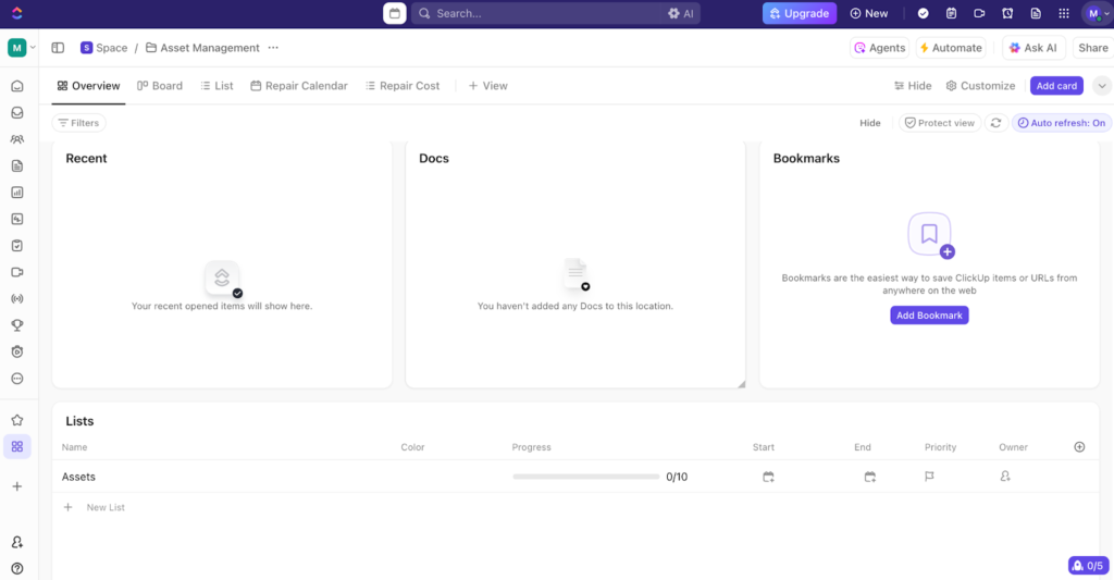 ClickUp asset management dashboard with sections for docs, bookmarks, and task lists.