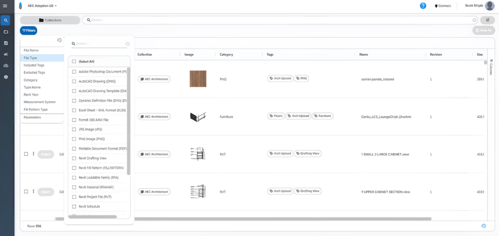 Autodesk digital asset storage filtered by file type, category, and tags.