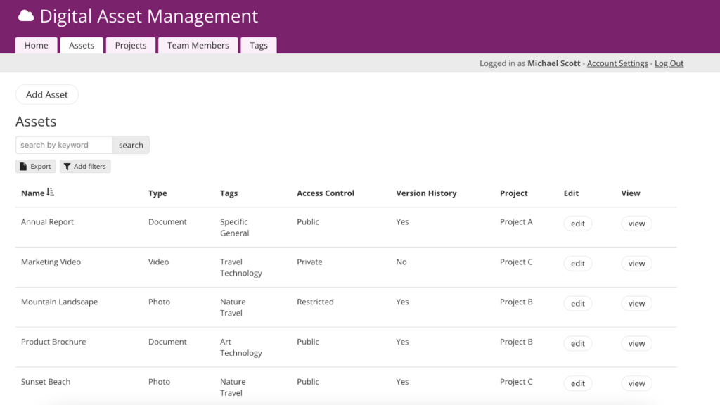 Knack digital asset library with tags, version history, and access controls.