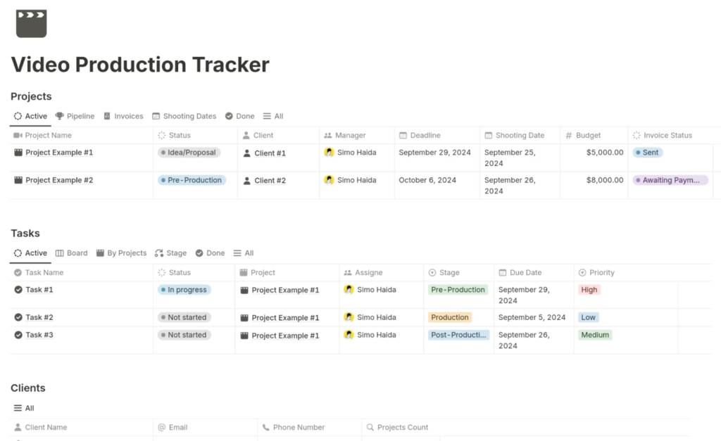 Notion video production tracker showing projects by phase, idea, pre-production, production, with task assignments, budget, due dates, and invoice status.