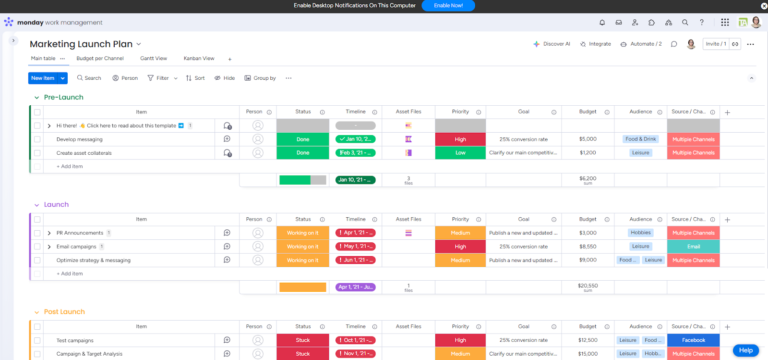 monday.com product launch template displaying pre-launch, launch, and post-launch tasks with statuses, timelines, and priorities.