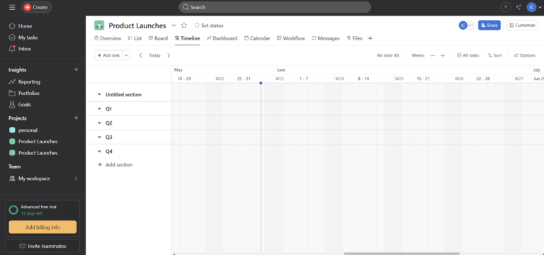 Asana timeline view showing product launch tasks with dependencies and key milestones.