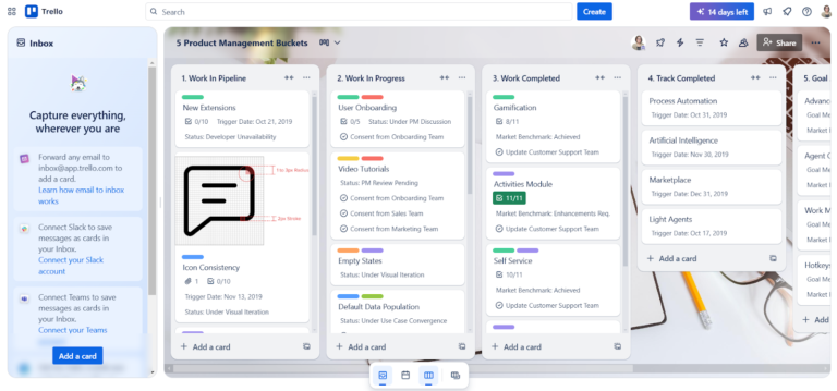 Trello board titled “5 Product Management Buckets” showing columns for pipeline, progress, and completed tasks.