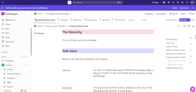 ClickUp product launch checklist showing a guide with sections on hierarchy and task views like List and Board view.