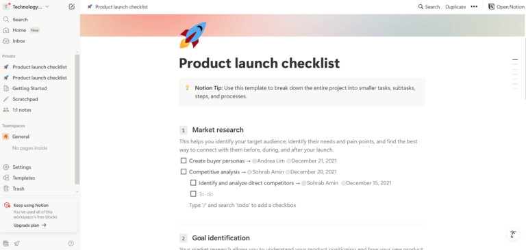 Notion product launch checklist template displaying sections like market research and goal identification with checkboxes.