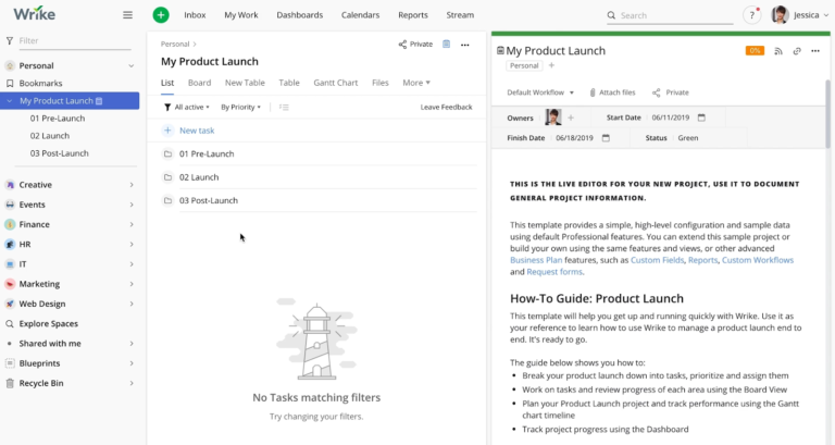 Wrike product launch template showing a structured project with pre-launch, launch, and post-launch phases and a setup guide.