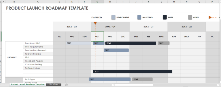 Smartsheet’s product launch roadmap template with quarterly timelines, color-coded activities, and task progress bars.