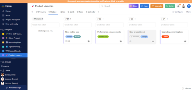 Hive product launch board view with quarterly columns showing tasks like new mobile app and upgrade payment options.