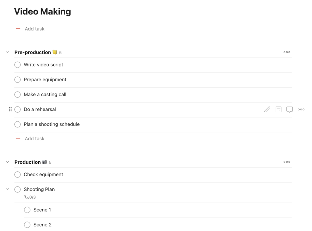 Todoist task-based video production checklist with categorized sections for pre-production and production, including scriptwriting, rehearsals, and scene planning.