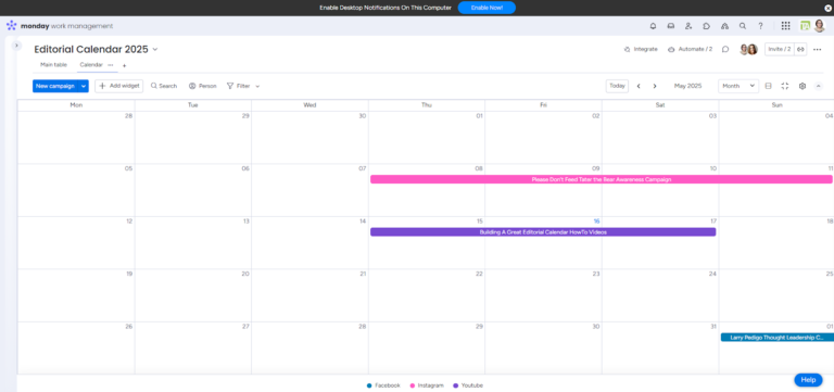 monday Editorial Calendar for May 2025 showing campaigns on Instagram, YouTube, and Facebook.