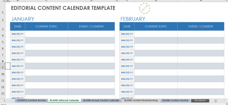 Monthly editorial calendar with date, content topic, and event columns for January and February.