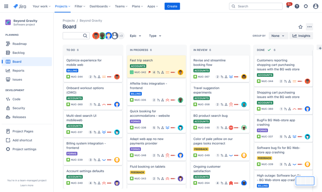 A Kanban board in Jira displaying tasks for an agile project