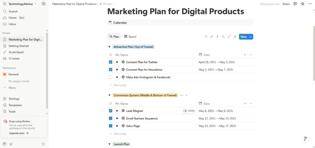 Screenshot of a Notion workspace titled "Marketing Plan for Digital Products" with a calendar view enabled. Tasks are organized under funnel phases such as "Attraction Plan," "Conversion System," and "Launch Plan," each containing items like "Content Plan for Twitter" and "Lead Magnet" with assigned completion dates.