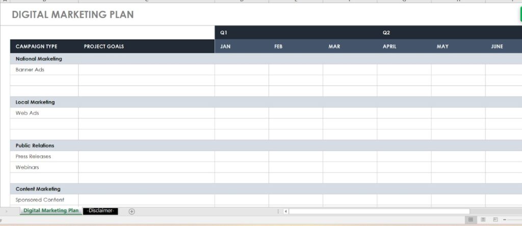 Screenshot of a "Digital Marketing Plan" spreadsheet with a table listing various campaign types like National Marketing, Local Marketing, Public Relations, and Content Marketing. Rows under each category include specific tactics such as Banner Ads, Web Ads, Press Releases, Webinars, and Sponsored Content. Columns represent months from January to June, grouped under Q1 and Q2, with space to fill in project goals and timelines.