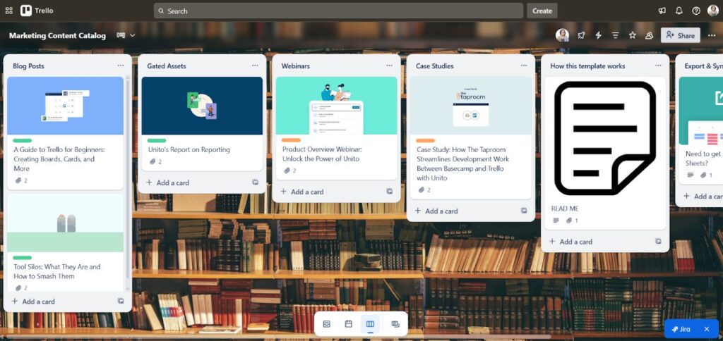 Screenshot of a Trello board named “Marketing Content Catalog” with a library-themed background. The board includes columns for Blog Posts, Gated Assets, Webinars, Case Studies, and “How this template works.” Each column contains cards with titles like “A Guide to Trello for Beginners” and “Case Study: The Taproom.” Cards display cover images, comment counts, and attachment icons. A card labeled “READ ME” provides guidance on using the template.