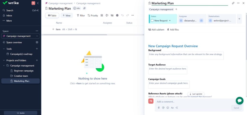 Screenshot of the Wrike interface displaying the "Marketing Plan" project within the "Campaign management" space. The left panel shows navigation options including Campaign roadmap and sub-projects. The center is an empty task table with a prompt to add new items. The right panel displays a detailed form titled "New Campaign Request Overview," with input fields for background, target audience, campaign goals, and reference assets, as well as task assignment and status settings.