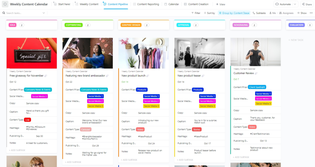 ClickUp weekly content calendar in Kanban format showing stages of generating social media content.